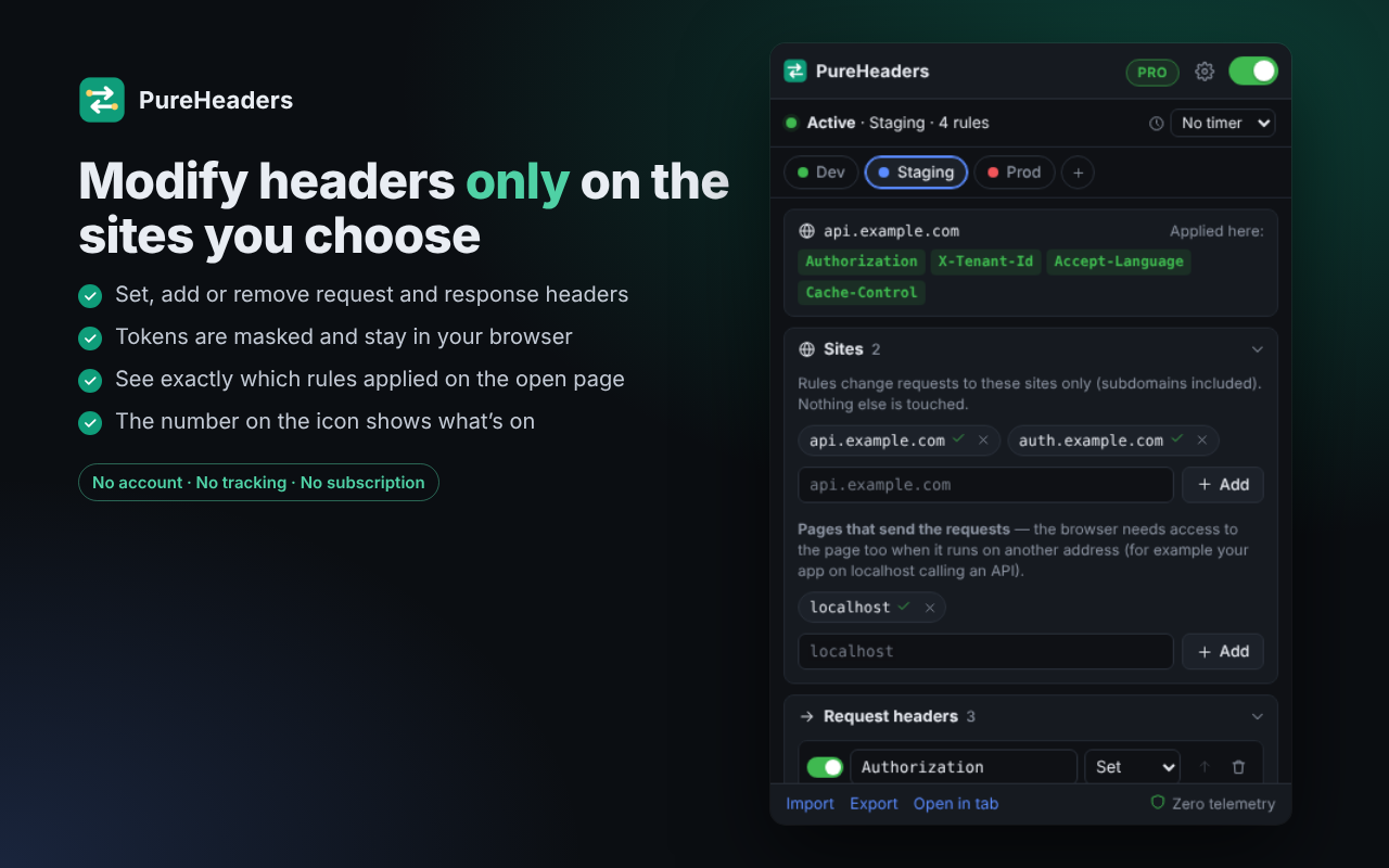 PureHeaders popup with request headers for a staging profile