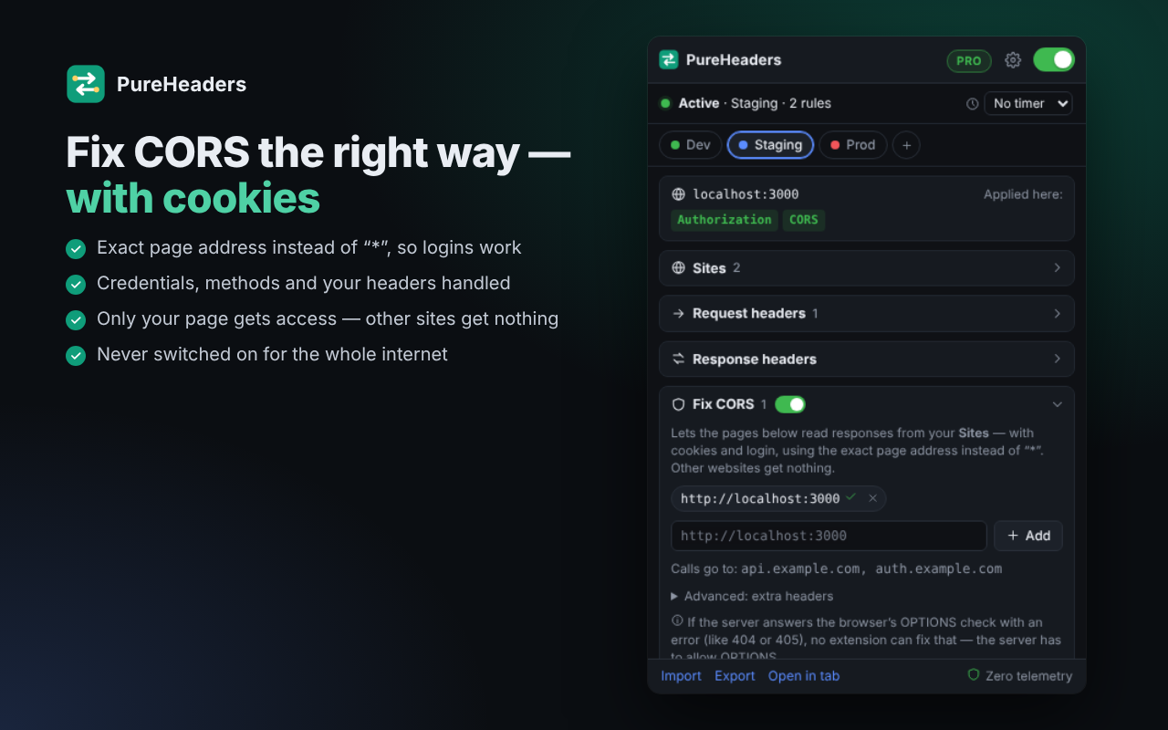 PureHeaders Fix CORS section allowing localhost:3000 to call the selected API sites