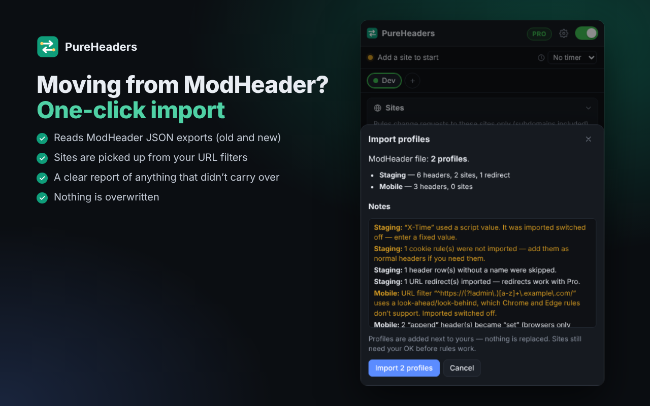 PureHeaders import window showing two ModHeader profiles and notes about what did not carry over