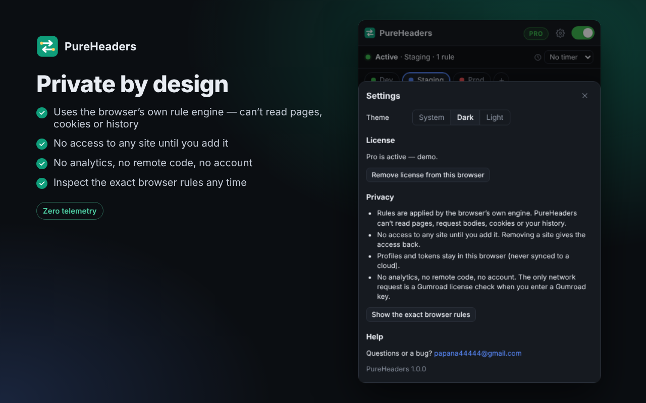 PureHeaders privacy summary